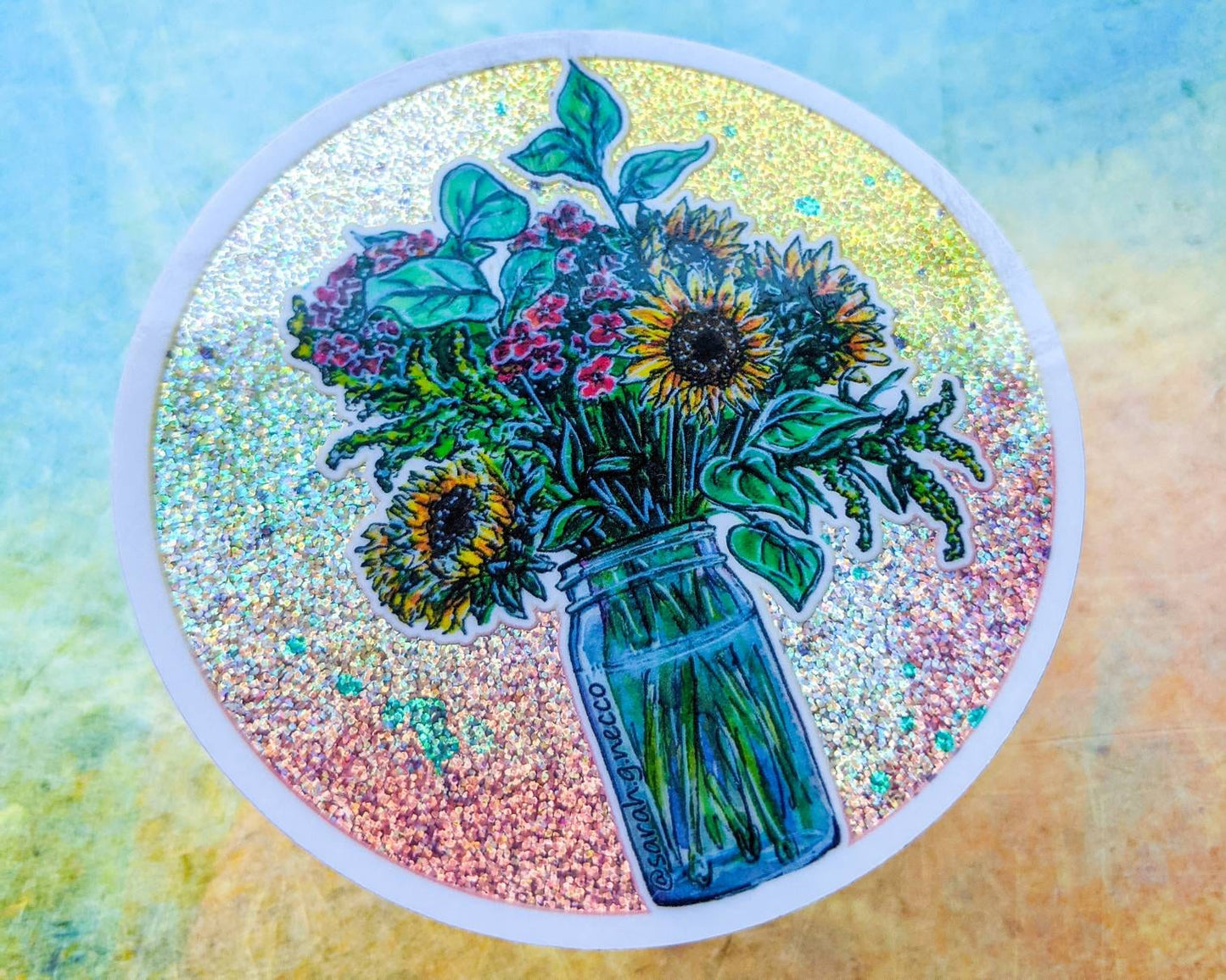 Sunflower Bouquet Sticker, 3" Rainbow Glitter Vinyl Circle