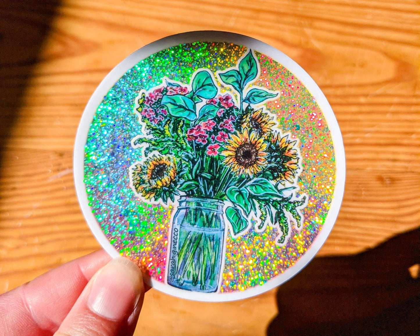 Sunflower Bouquet Sticker, 3" Rainbow Glitter Vinyl Circle