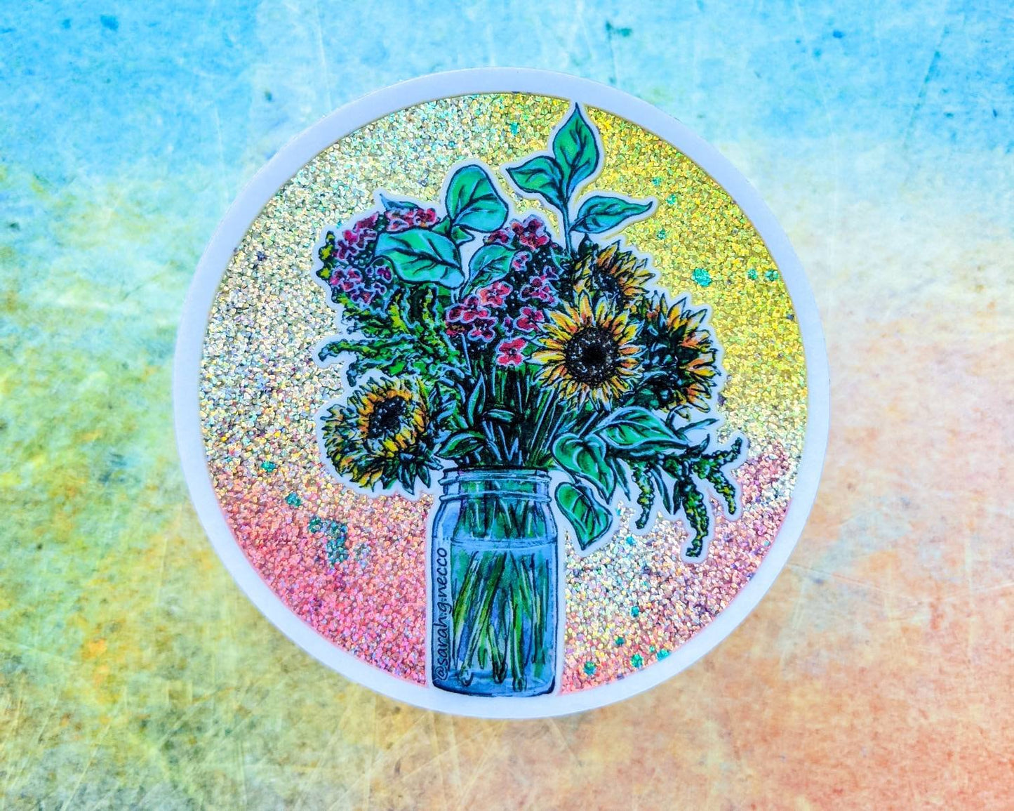 Sunflower Bouquet Sticker, 3" Rainbow Glitter Vinyl Circle