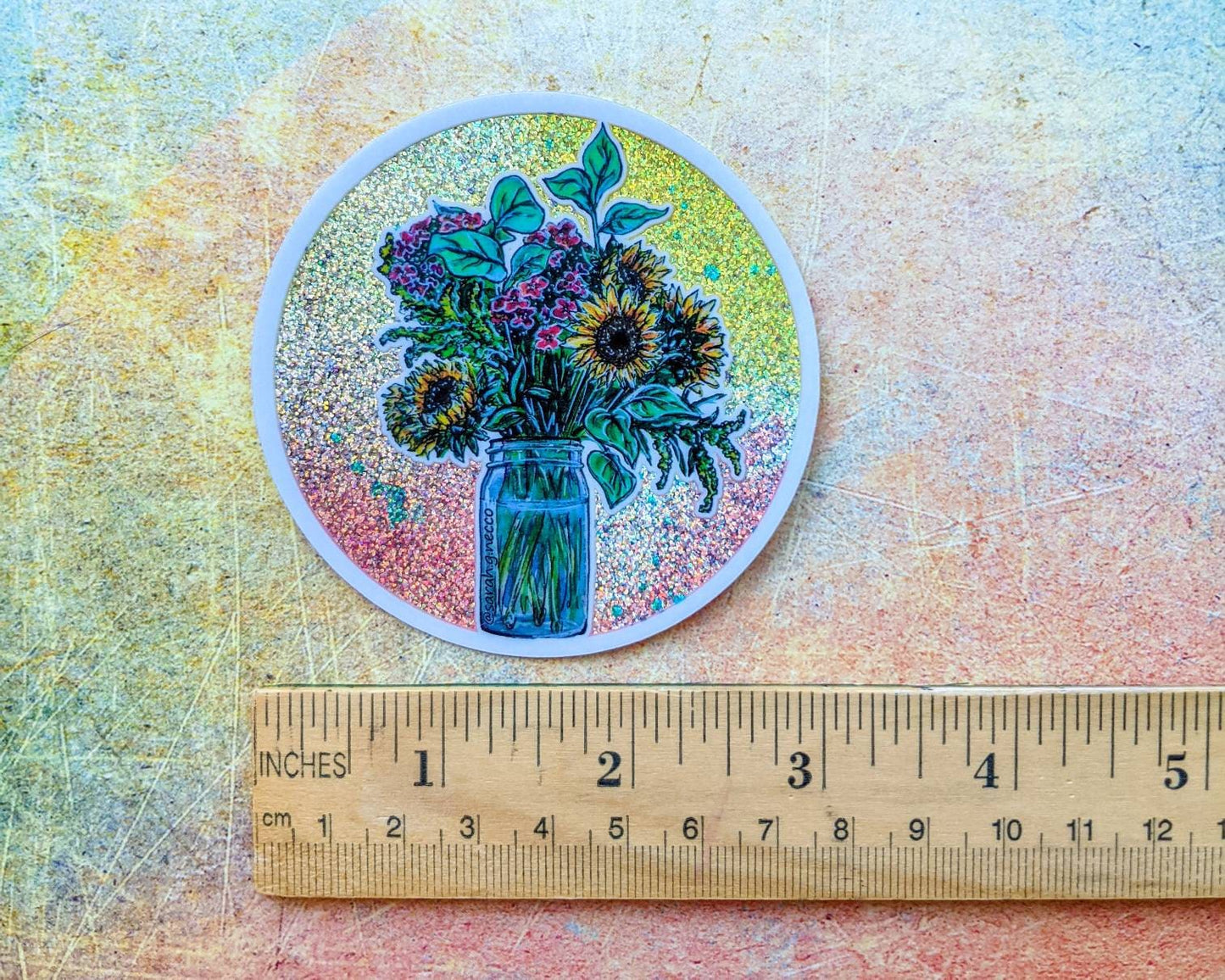 Sunflower Bouquet Sticker, 3" Rainbow Glitter Vinyl Circle