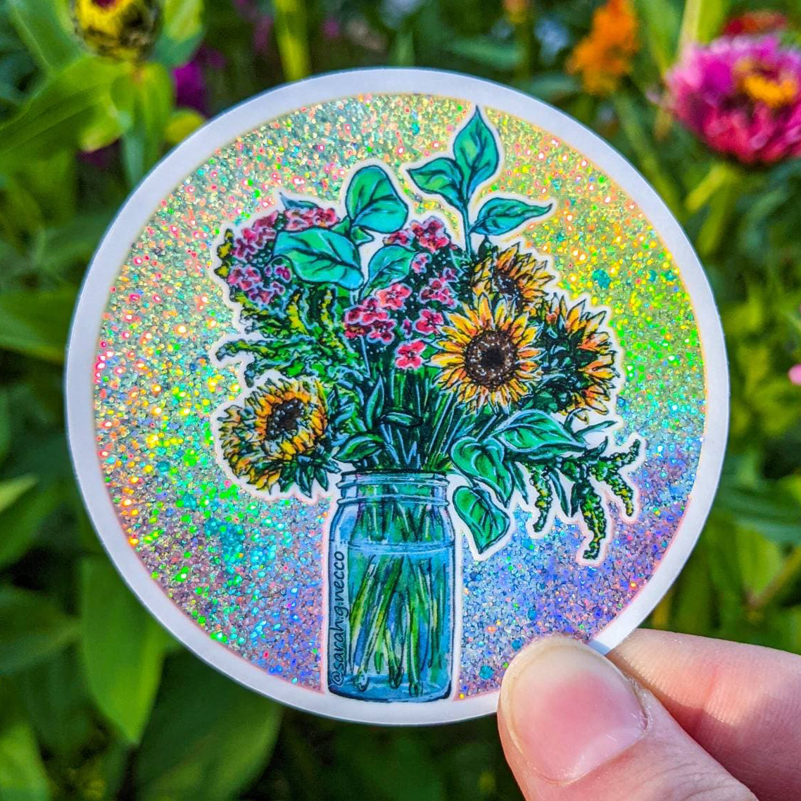 Sunflower Bouquet Sticker, 3" Rainbow Glitter Vinyl Circle